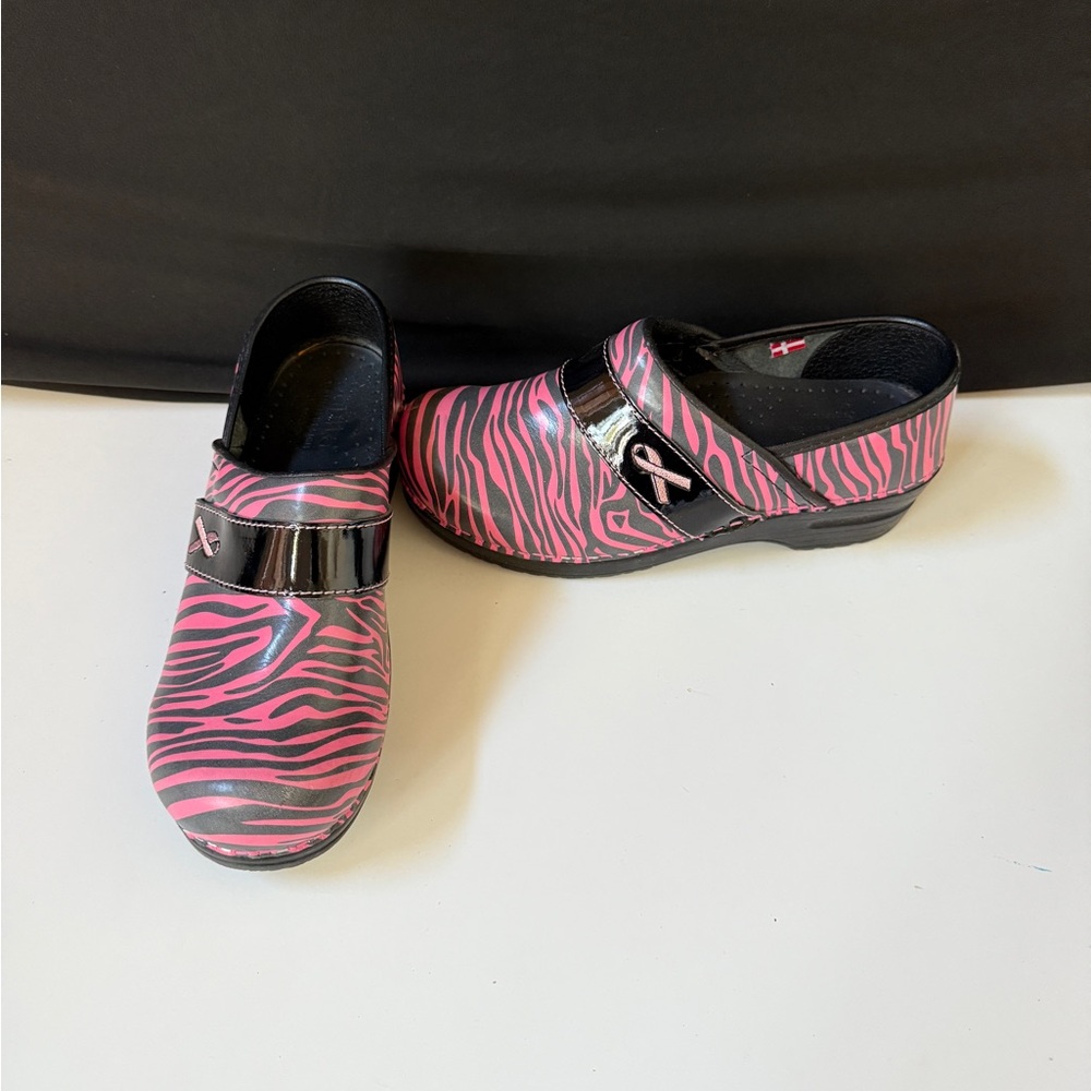 Sanita Pink and Black Zebra Print Clogs